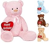 BRUBAKER XXL Teddybär 100 cm Rosa mit einem Happy Birthday Herz Stofftier Plüschtier Kuscheltier