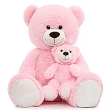 MorisMos Riesen Teddy großer Teddybär mit Baby 100cm Teddybär groß XXL Kuscheltier Stofftiere Teddys Riesen Teddy Bear Plüschbär Kuschelbär Weihnachten Geschenk für Kinder Mädchen Rosa