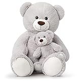 MorisMos groß Teddybär mit Baby, Weich Riesen Teddy Kuscheltier XXL, Grau Teddy Bär Stofftier Plüschtier, Geburtstag Geschenk für Kinder