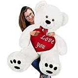 Deuba Teddy Valentinstag XXL 150cm Weiß inkl. Herzkissen Ø 32cm Teddybär Kuscheltier Stofftier Plüschbär