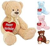 BRUBAKER XXL Teddybär 100 cm groß Beige mit einem Happy Birthday Herz Stofftier Plüschtier Kuscheltier