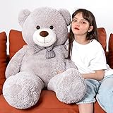 MorisMos XXL Teddybär 120 cm groß -Grau Teddy Bär Stofftier Plüschtier Kuscheltier mit süßer Schleife, großes riesen Teddy Weiches Spielzeug Puppe Kissen